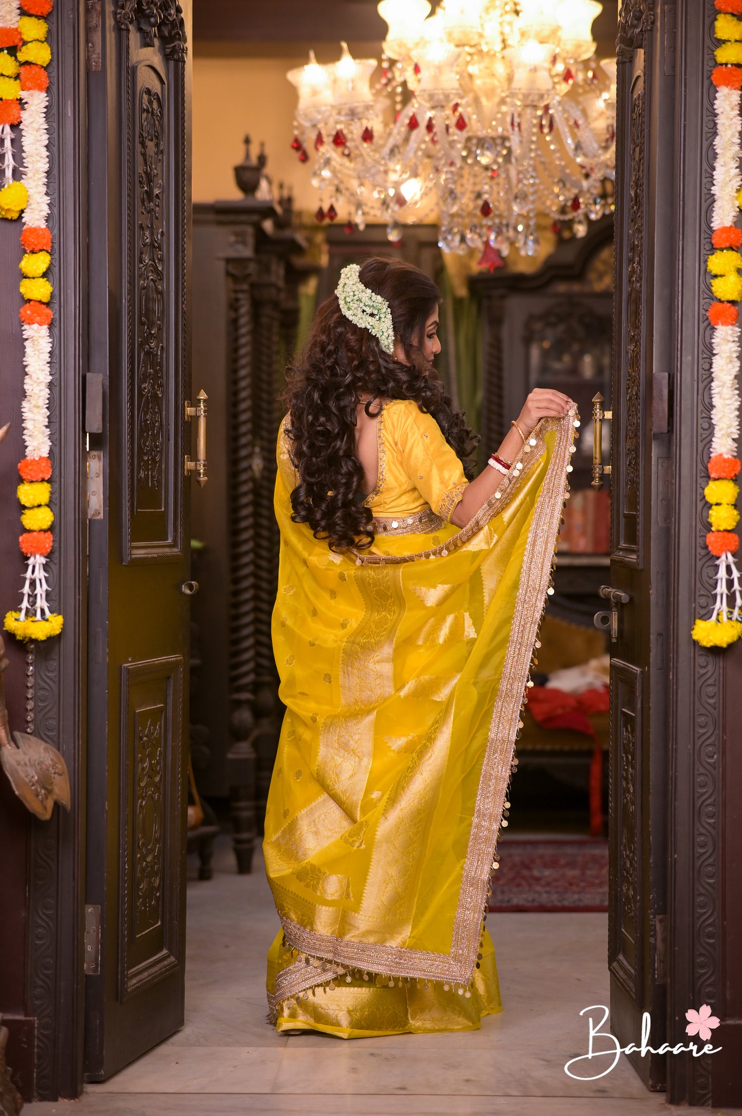 Utsav | Yellow Benarasi Tissue Silk Saree with Metallic Coin Gota Patti Lace
