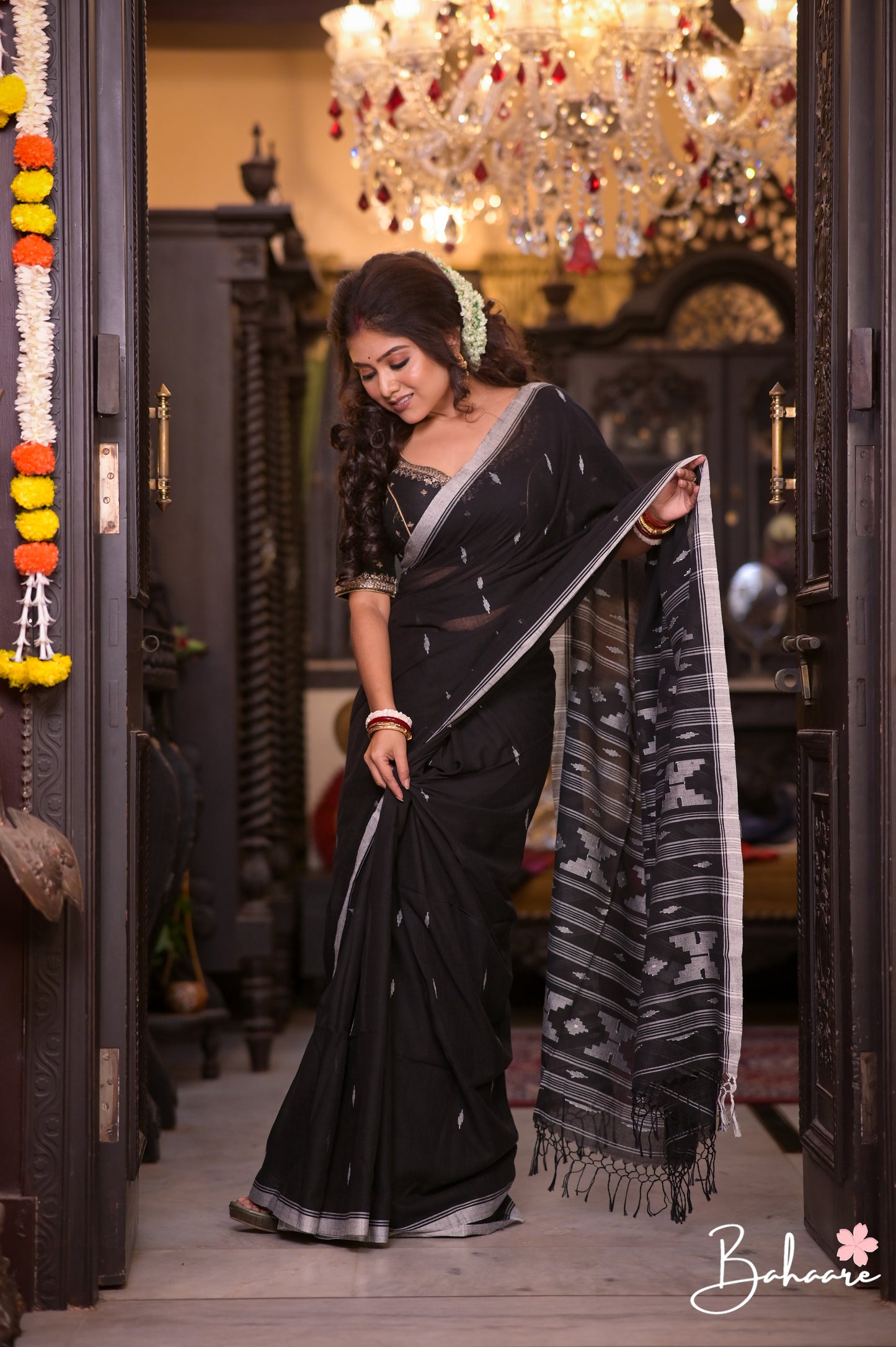 Cotton Galleria | Ebony Black Premium Cotton Jamdani Saree