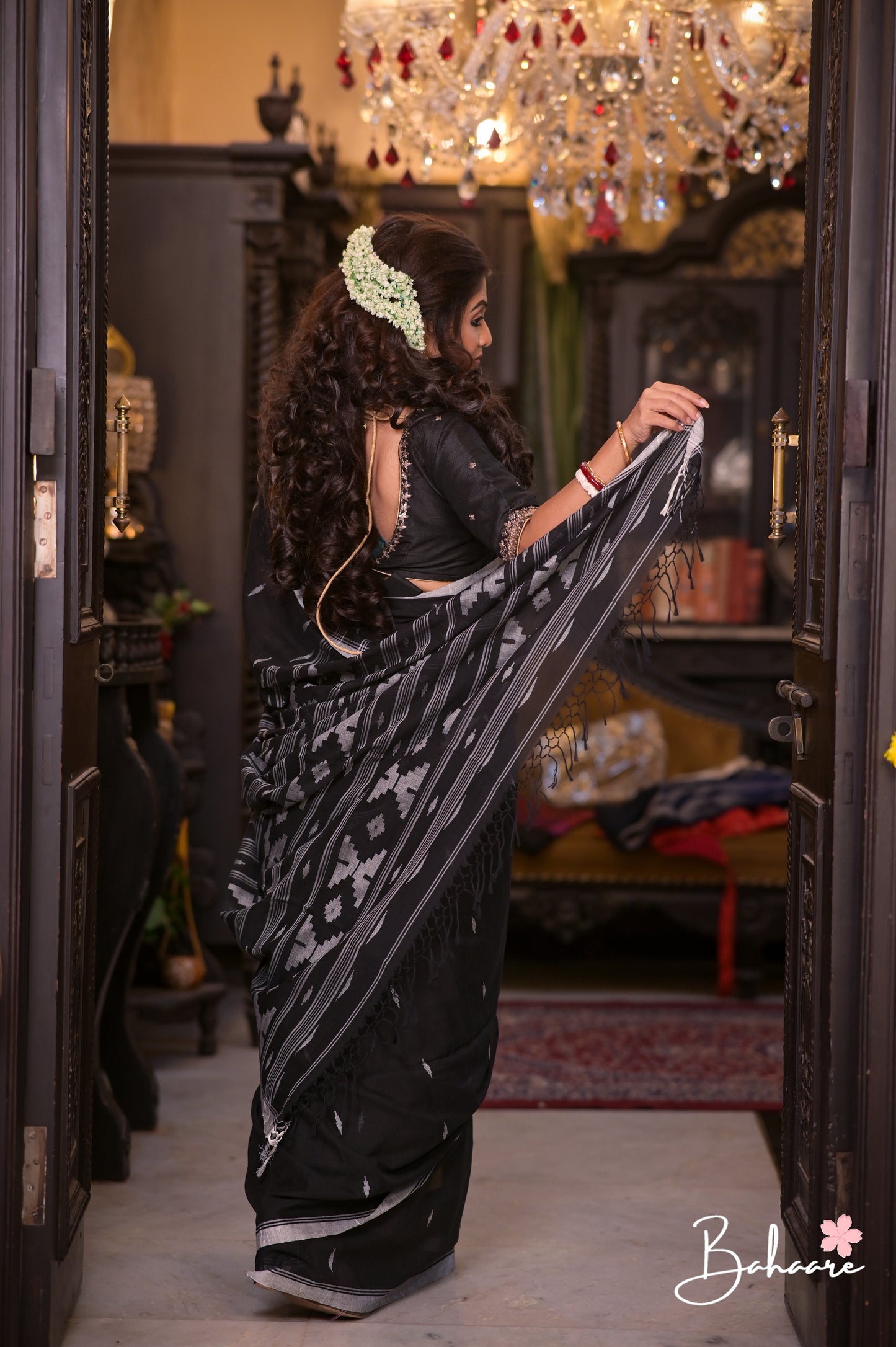 Cotton Galleria | Ebony Black Premium Cotton Jamdani Saree