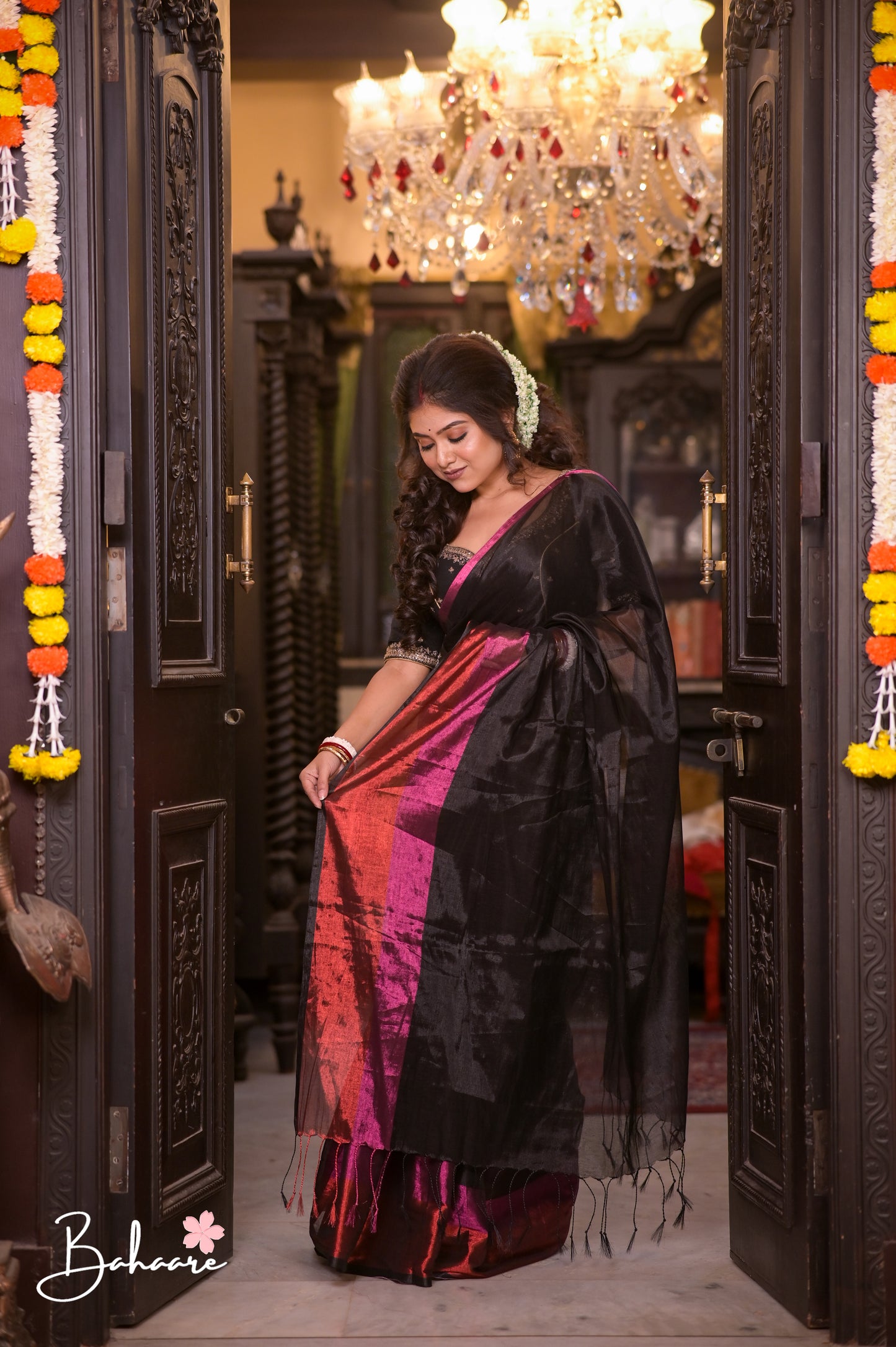 Megha | Black Tissue Saree Multicoloured Border