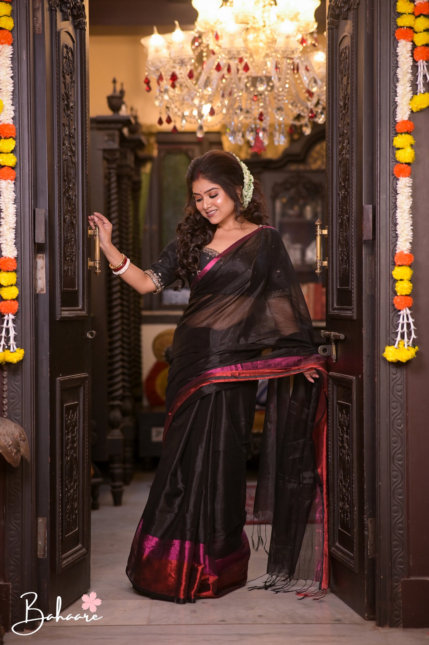 Megha | Black Tissue Saree Multicoloured Border