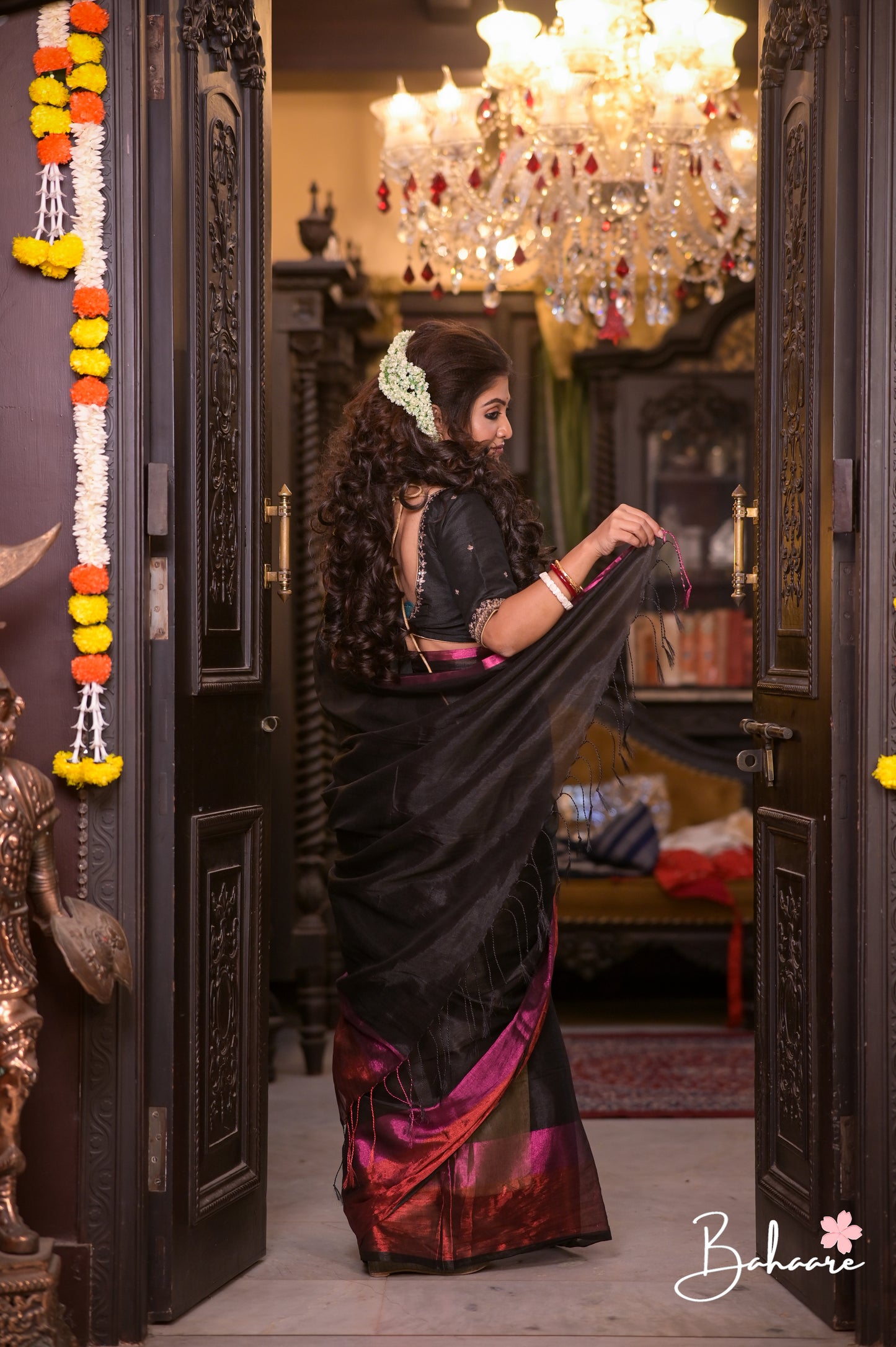 Megha | Black Tissue Saree Multicoloured Border