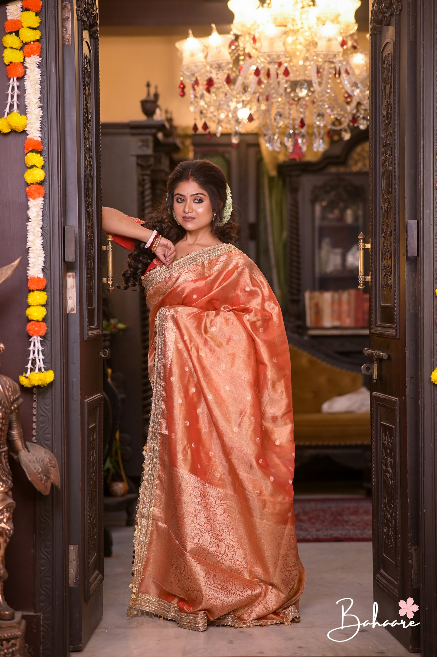 Utsav | Sunset Orange Benarasi Tissue Silk Saree with Metallic Coin Gota Patti Lace