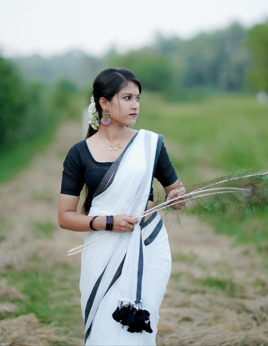 Mohini | Pearl White Fantasy Mul Mul Cotton Saree with Black Border
