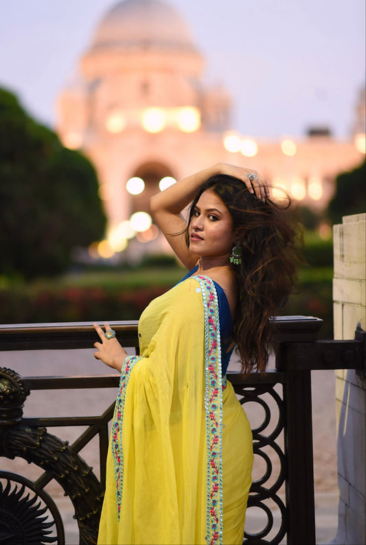 Shimmering Starlight | Lemon Yellow Mul Mul Cotton Saree with Handwork Lace