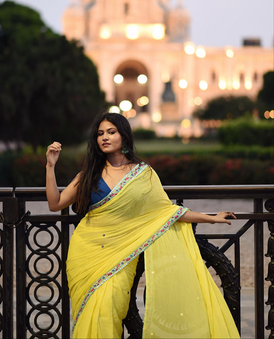 Shimmering Starlight | Lemon Yellow Mul Mul Cotton Saree with Handwork Lace