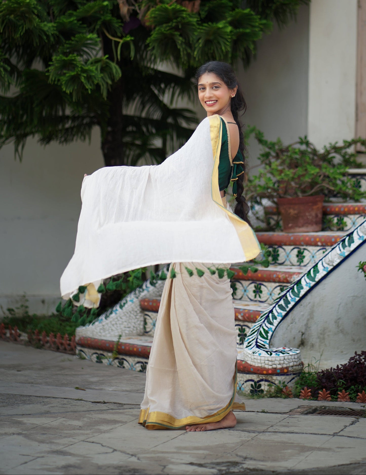 Mohini | Light Beige Mul Mul Cotton Saree with Golden Green Tissue Border