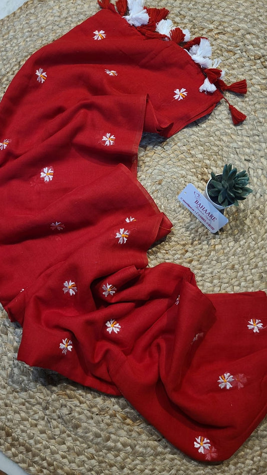 Parijat | Red Mul Mul Cotton Saree