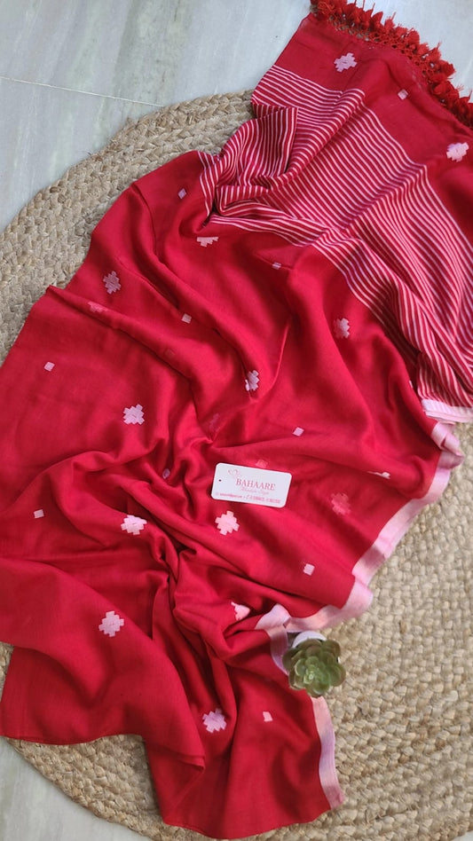 Cotton Galleria | Red Premium Cotton Jamdani Saree with White Buti