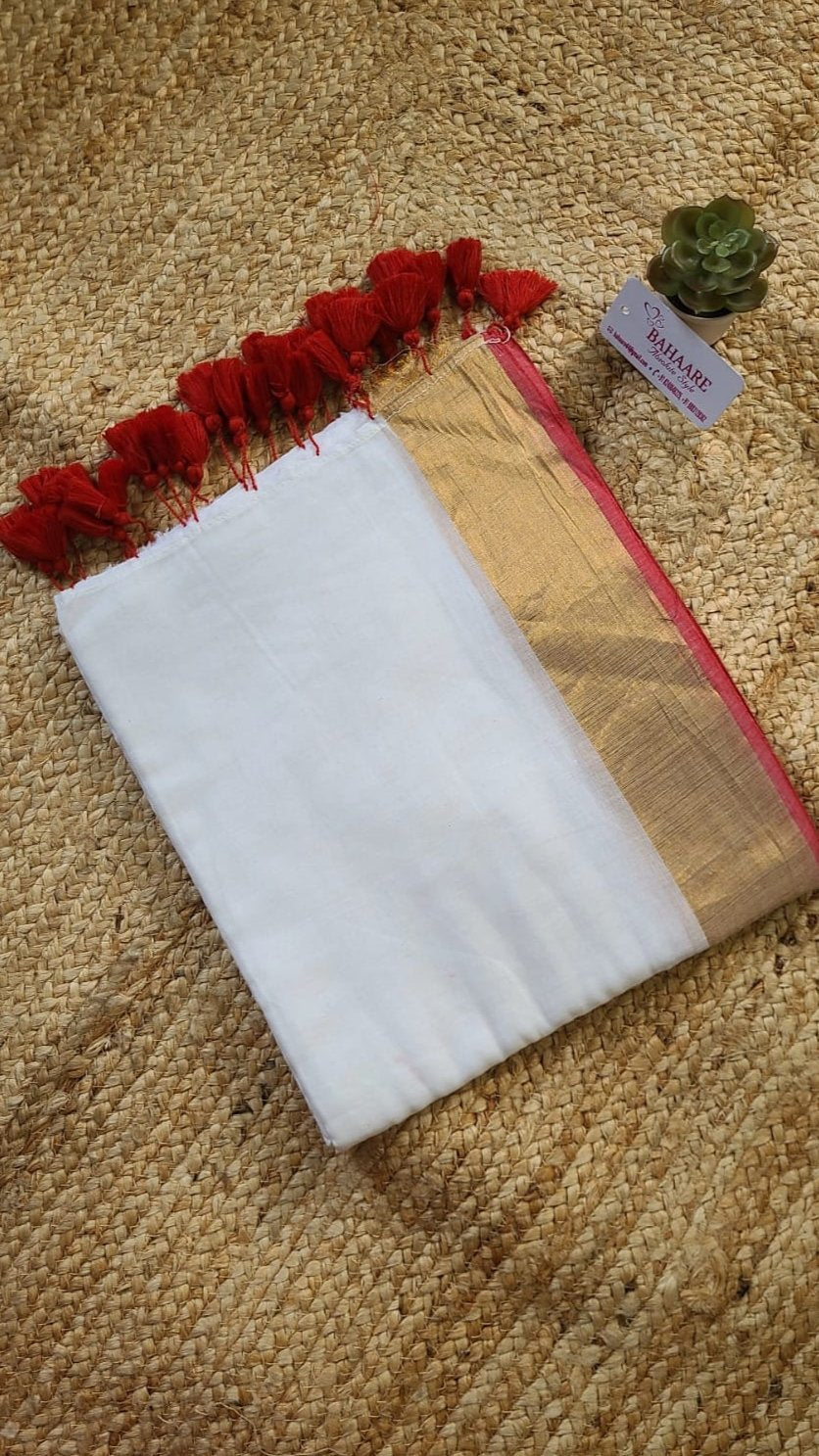 Mohini | White Mul Mul Cotton Saree with Golden Tissue Border