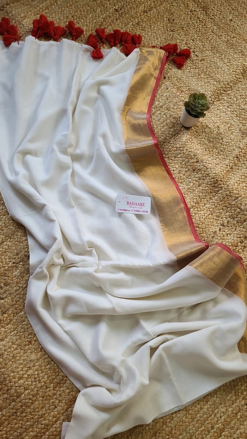 Mohini | White Mul Mul Cotton Saree with Golden Tissue Border