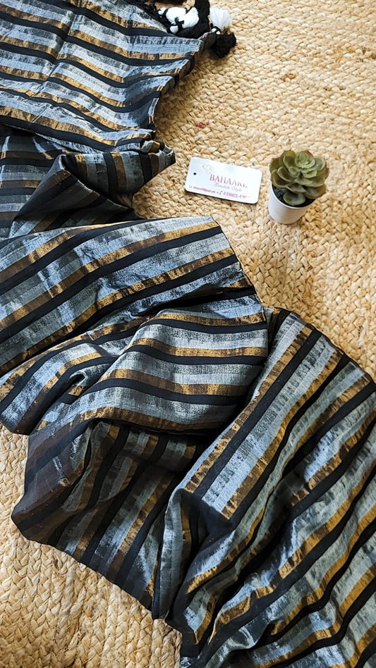 Afreen | Silver, Copper and Black Striped Kanjivaram Tissue Silk Saree