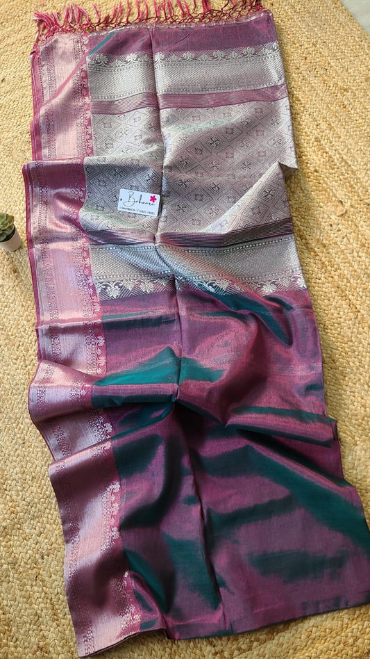 Afreen | Raspberry and Green Dual Tone Kanjivaram Tissue Silk Saree