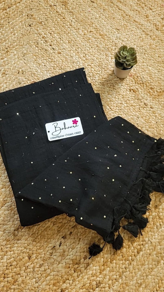 Shimmering Starlight | Black Sequin Mul Mul Cotton Saree