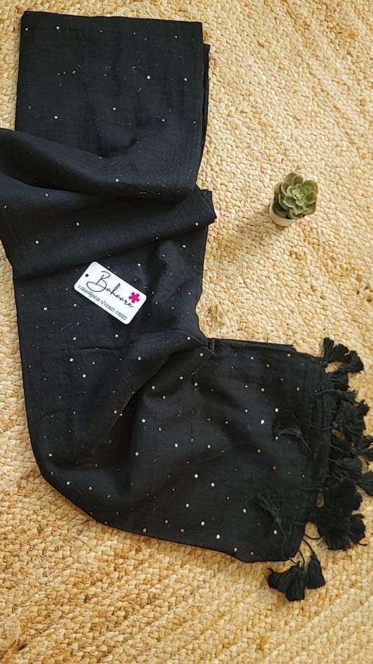 Shimmering Starlight | Black Sequin Mul Mul Cotton Saree