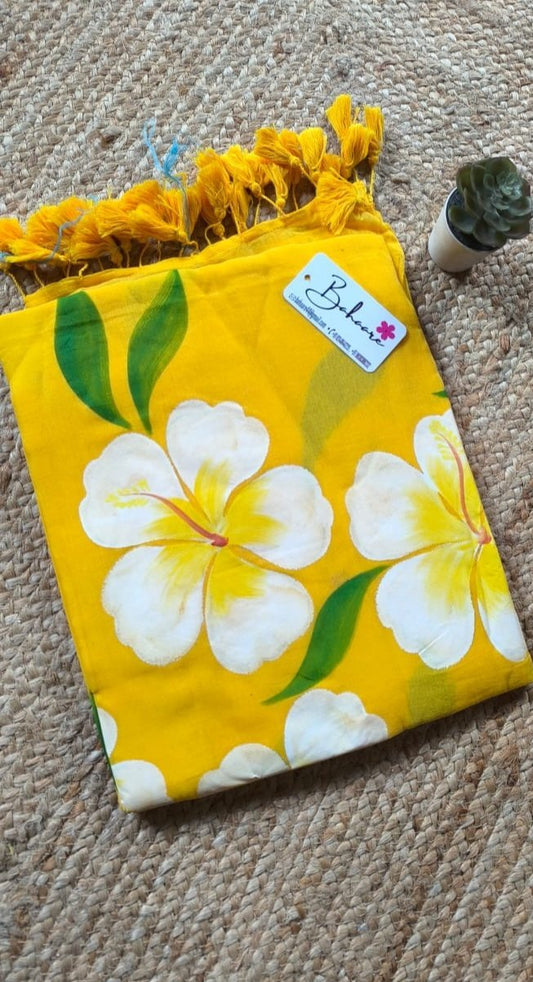 Exotic Hibiscus | Yellow Mul Mul Cotton Saree