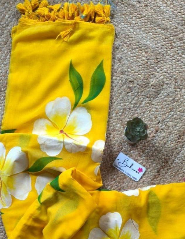 Exotic Hibiscus | Yellow Mul Mul Cotton Saree