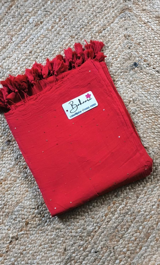 Shimmering Starlight | Red Sequin Mul Mul Cotton Saree