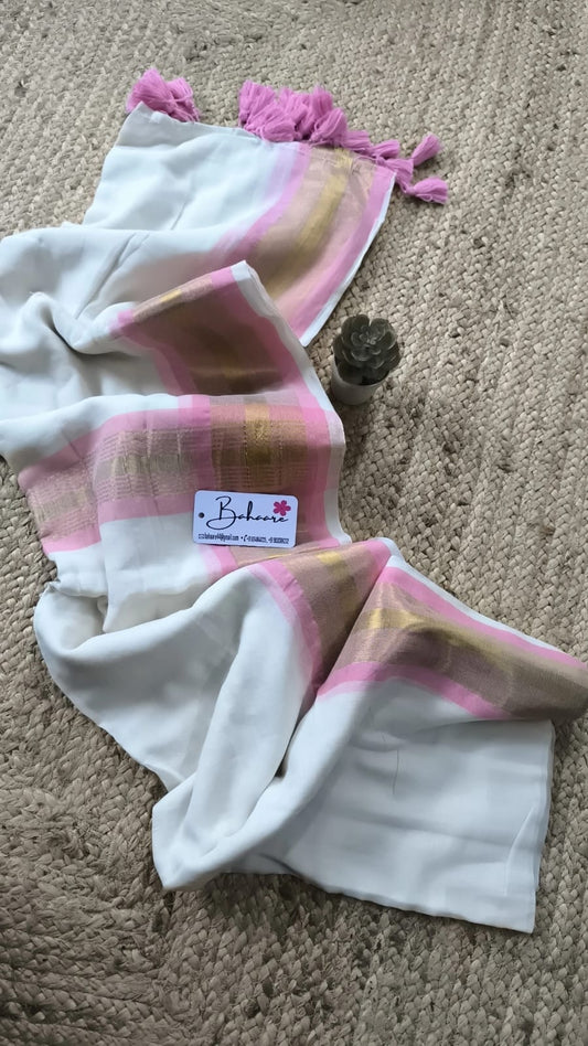 Mohini | White and Pink Mul Mul Cotton Saree