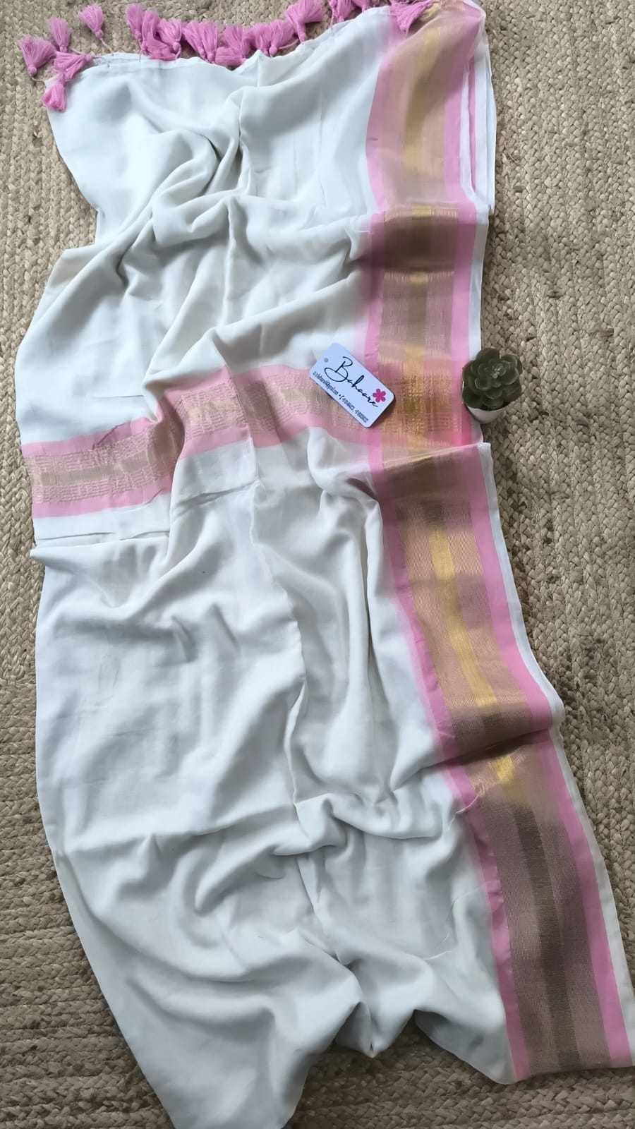 Mohini | White and Pink Mul Mul Cotton Saree