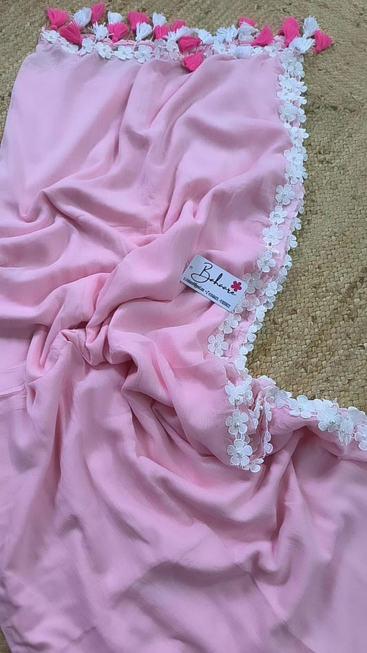 Mohini | Blush Pink Mul Mul Cotton Saree with Pearl Lace