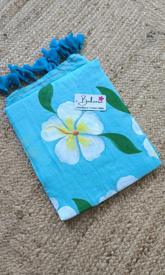 Exotic Hibiscus | Sky Blue Mul Mul Cotton Saree