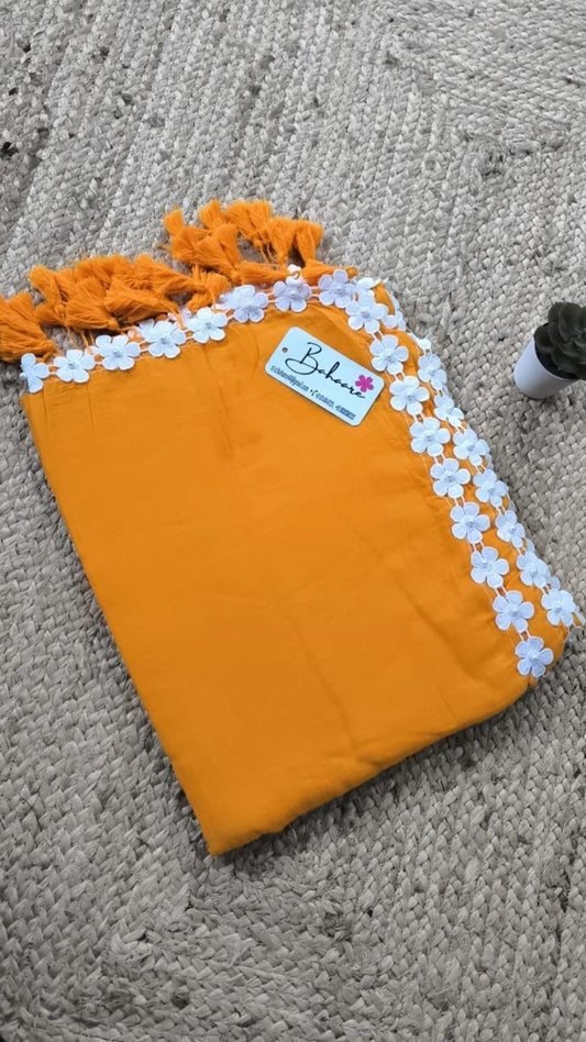 Mohini | Tangerine Orange Mul Mul Cotton Saree with Pearl Lace