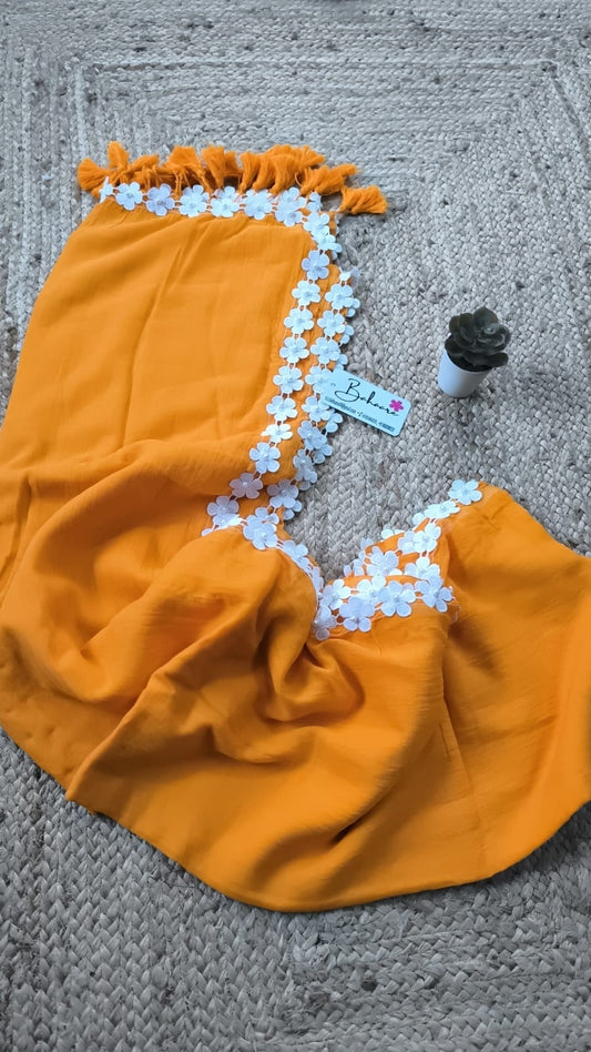 Mohini | Tangerine Orange Mul Mul Cotton Saree with Pearl Lace