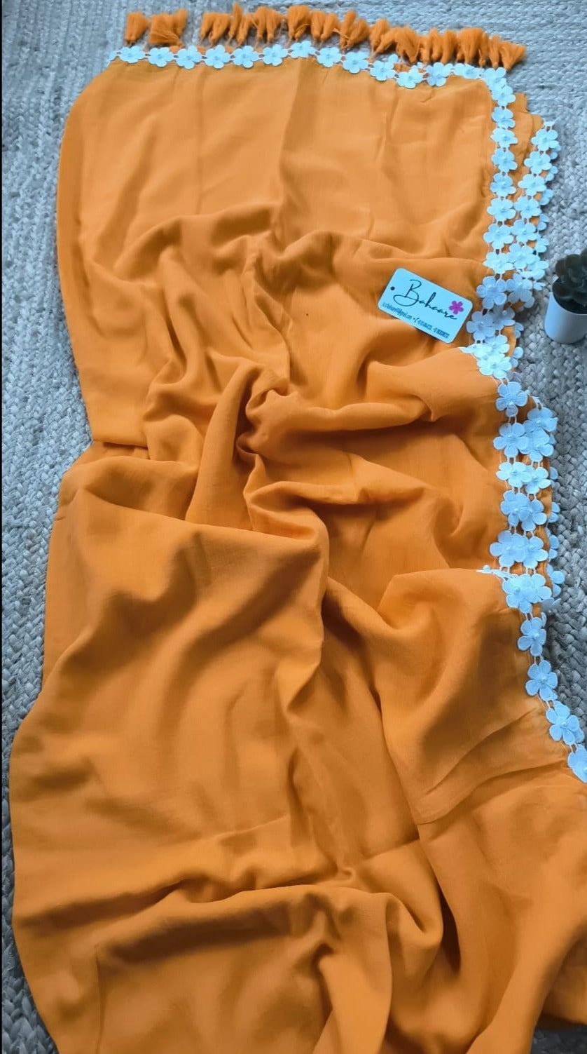 Mohini | Tangerine Orange Mul Mul Cotton Saree with Pearl Lace
