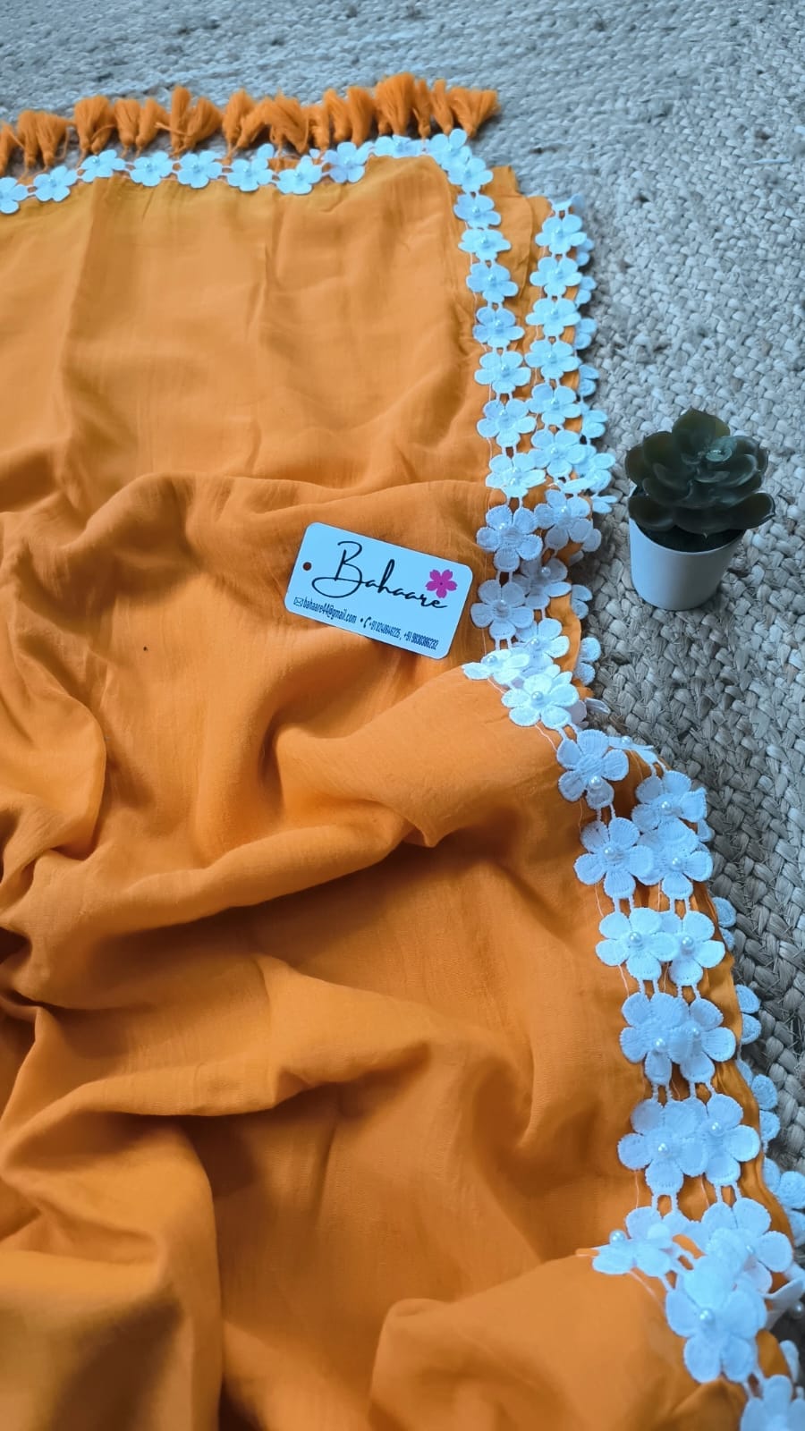 Mohini | Tangerine Orange Mul Mul Cotton Saree with Pearl Lace