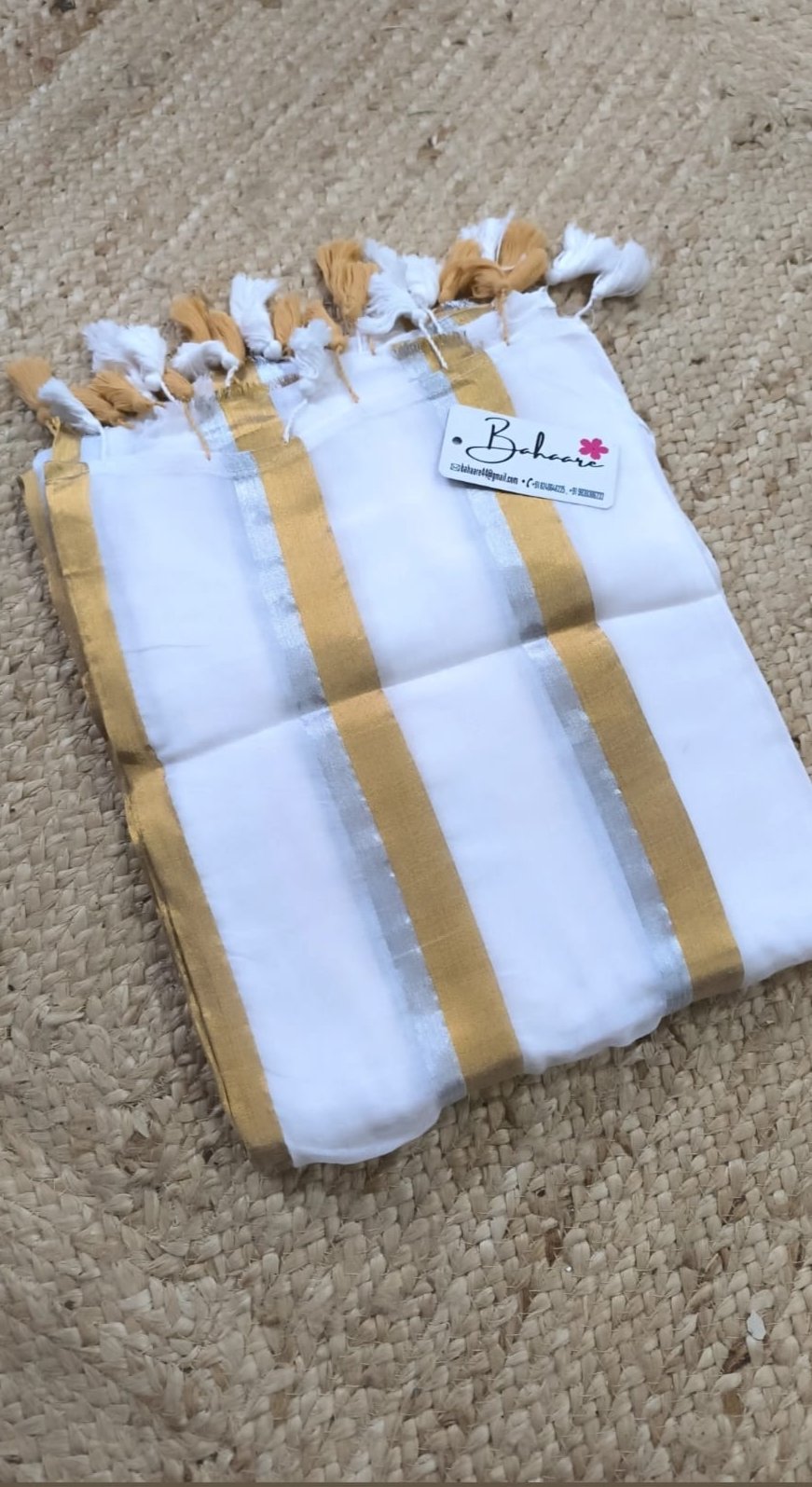 Mohini | Ice White Mul Mul Cotton Saree with Golden and Silver Zari Stripes