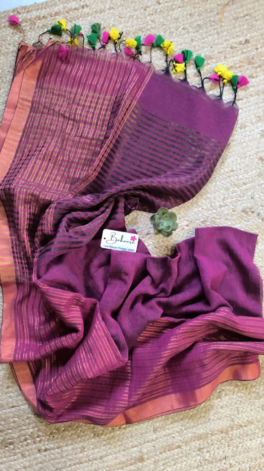 Woodland Whispers | Magenta Linen By Linen Saree with Copper Zari Border