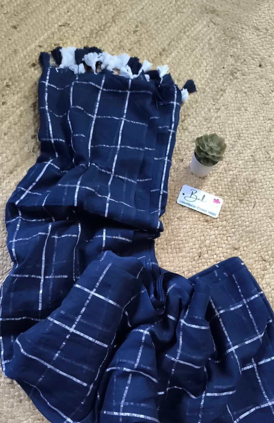 Mohini | Midnight Blue Mul Mul Cotton Saree with Silver Zari Stripe