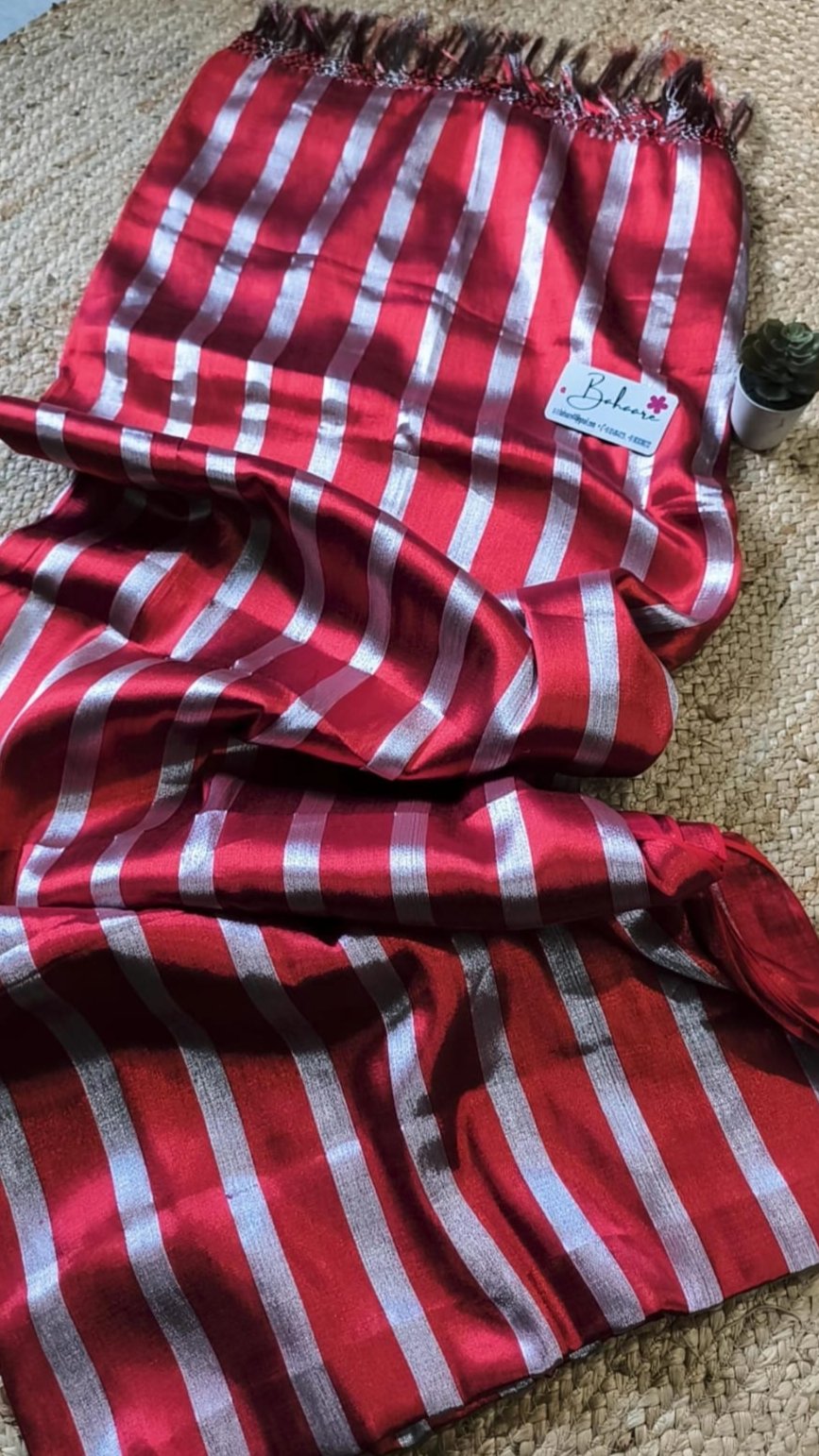Chandni | Red Tissue Saree with Silver Horizontal Stripe