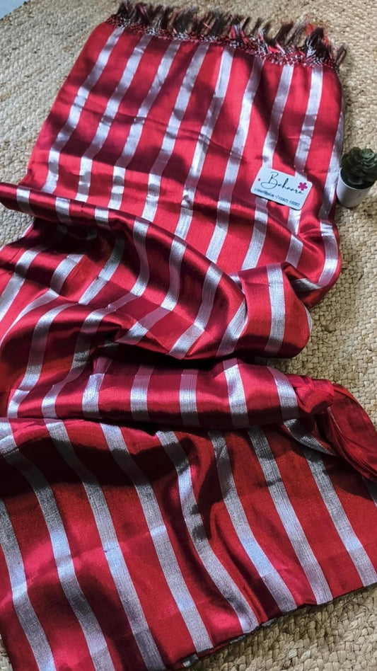 Chandni | Red Tissue Saree with Silver Horizontal Stripe