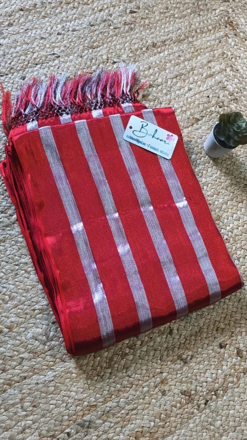 Chandni | Red Tissue Saree with Silver Horizontal Stripe