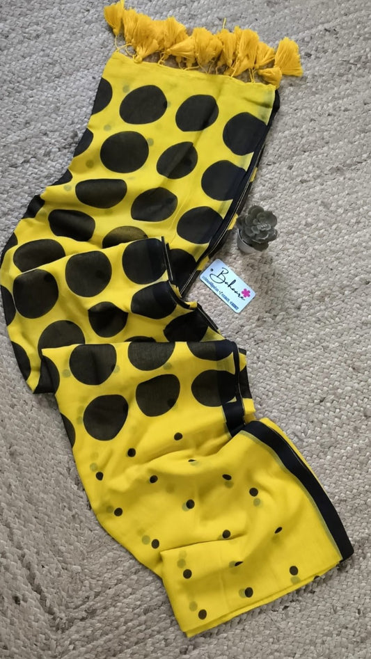Polka Passion | Yellow and Black Mul Mul Cotton Saree