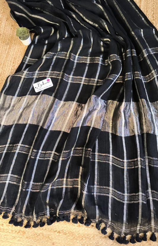 Woodland Whispers | Charcoal Black Linen Saree with Silver Zari Horizontal Stripe