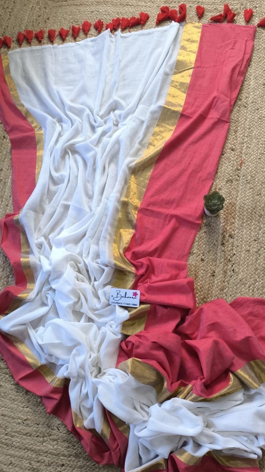 Mohini | White Base Mul Mul Cotton Saree with Broad Red Golden Zari Border