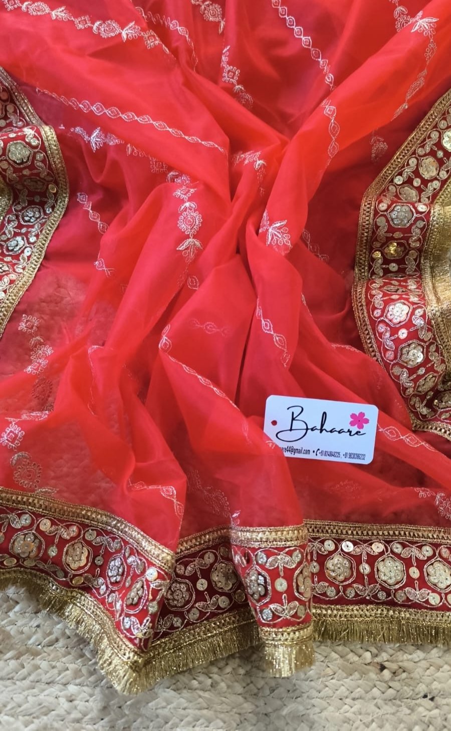 Utsav | Vermilion Red Tissue Organza Saree with Tissue Lace