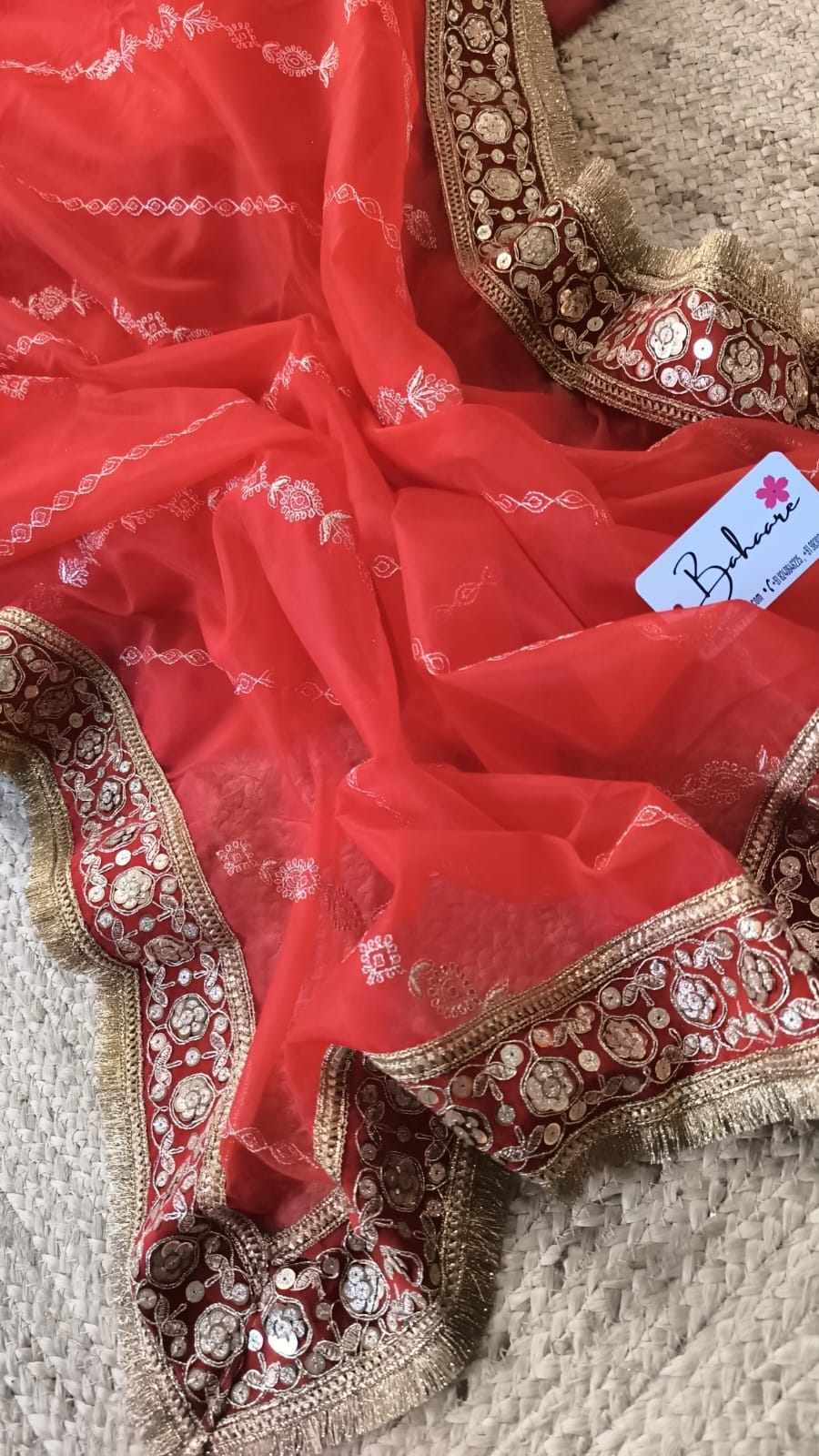 Utsav | Vermilion Red Tissue Organza Saree with Tissue Lace