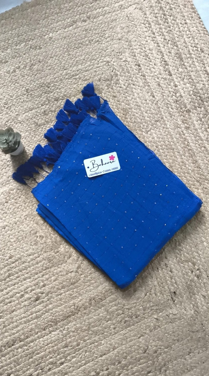 Shimmering Starlight | Royal Blue Sequin Mul Mul Cotton Saree