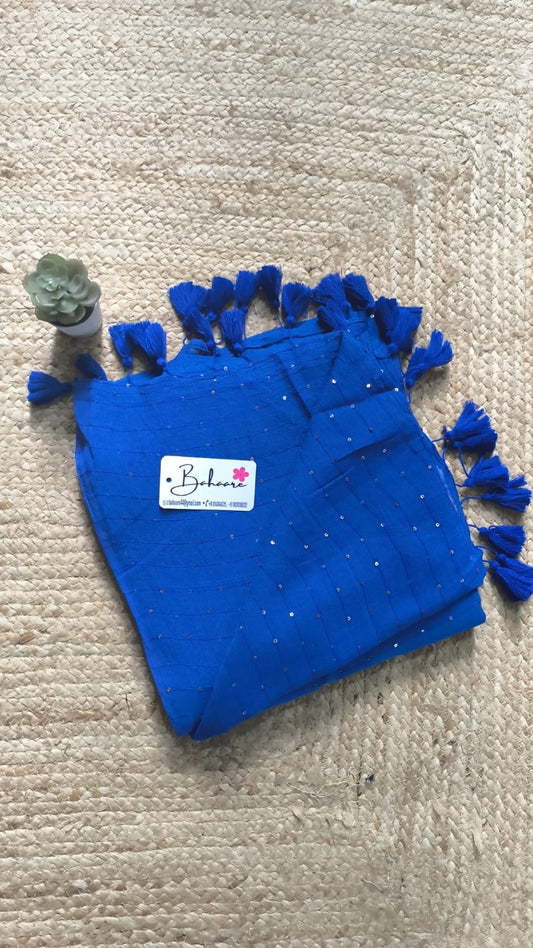 Shimmering Starlight | Royal Blue Sequin Mul Mul Cotton Saree