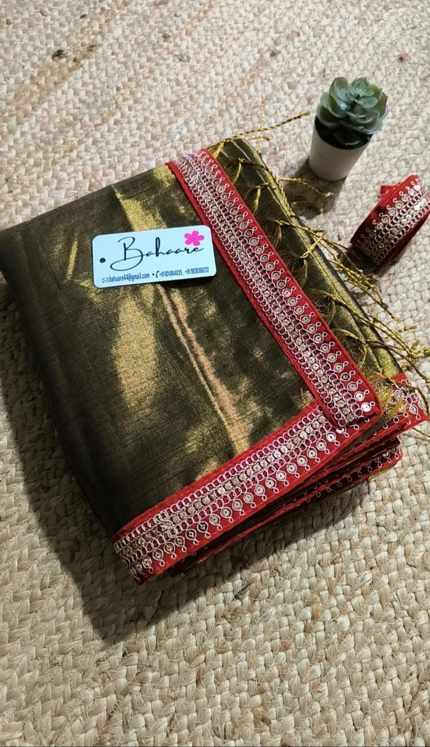 Chandni | Golden Brown Tissue Saree with Red Zari Lace