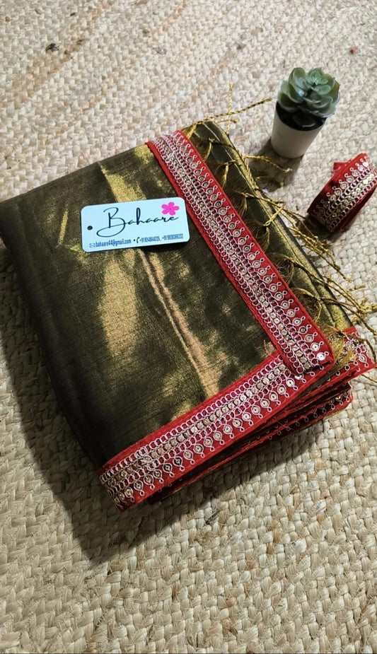 Chandni | Golden Brown Tissue Saree with Red Zari Lace
