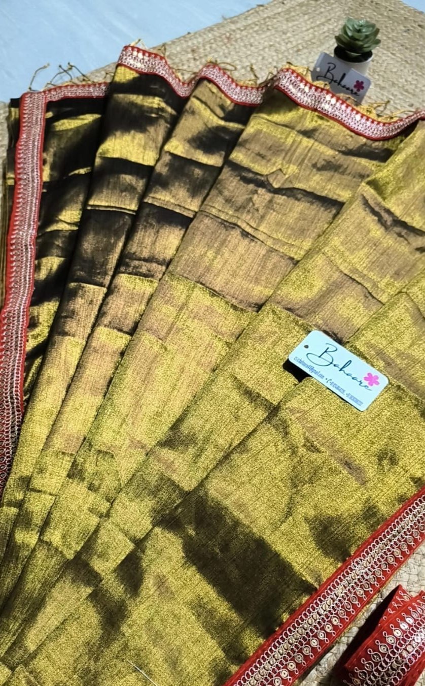 Chandni | Golden Brown Tissue Saree with Red Zari Lace