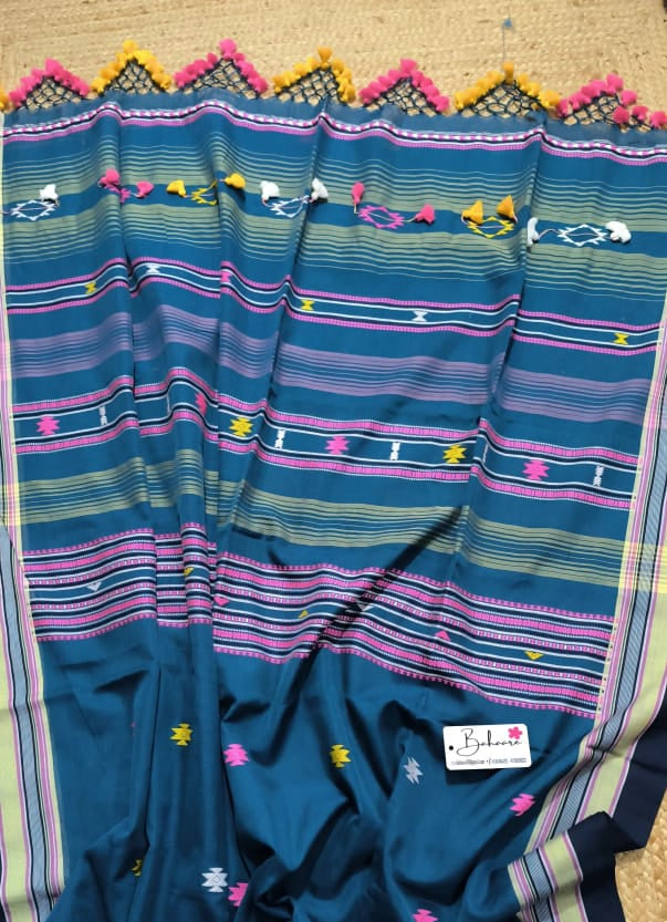 Cotton Galleria | Teal Blue Premium Bengal Cotton Bhujodi Saree with Designer Pallu