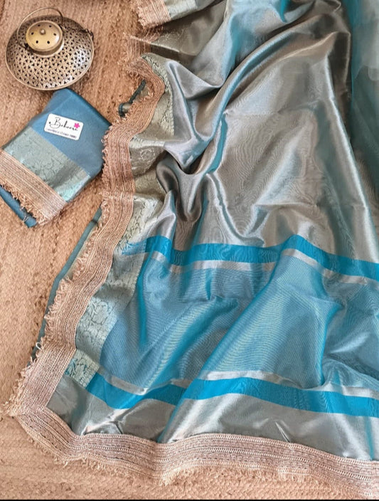 Utsav | Teal Blue Tissue Organza Silk Saree with Zari Lace