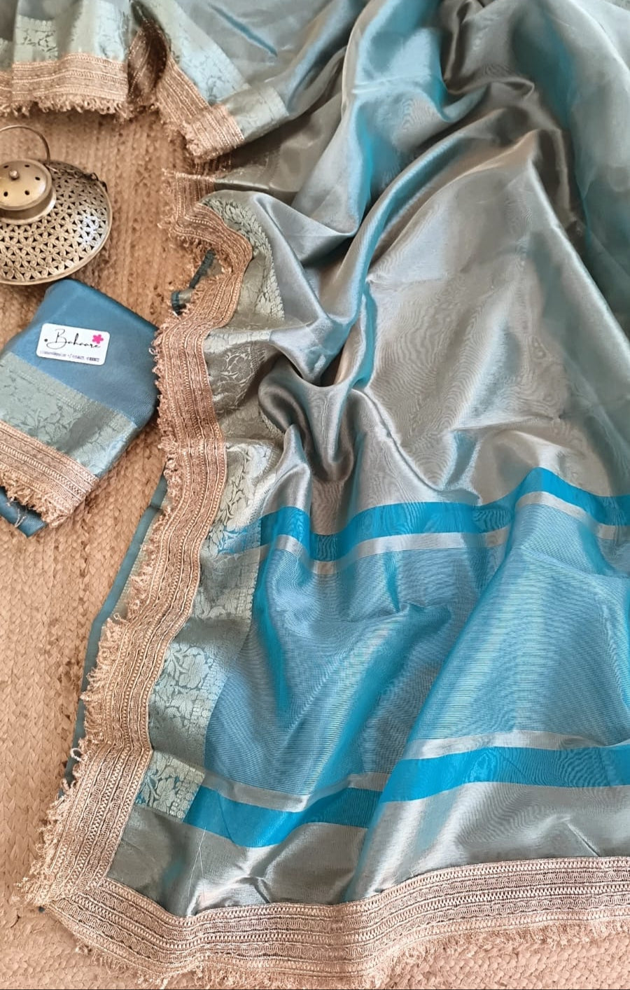 Utsav | Teal Blue Tissue Organza Silk Saree with Zari Lace