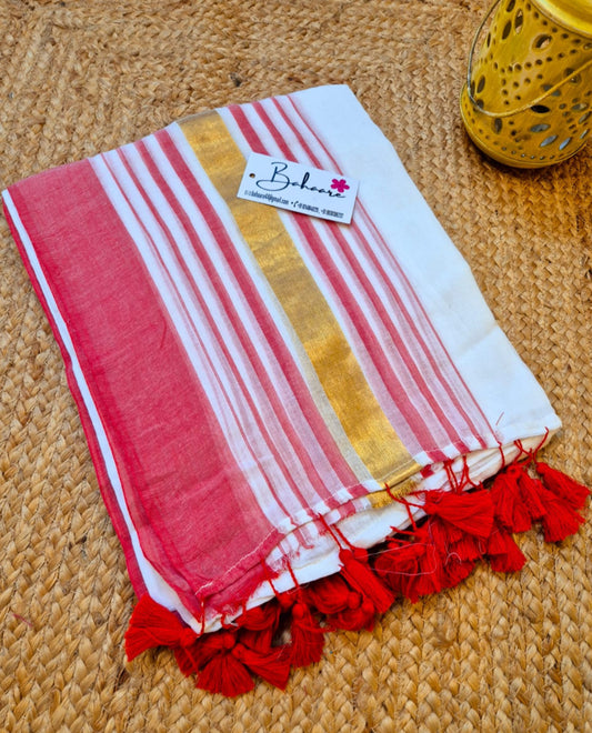 Noor | Red and White Mul Mul Cotton Saree with Golden Zari Border
